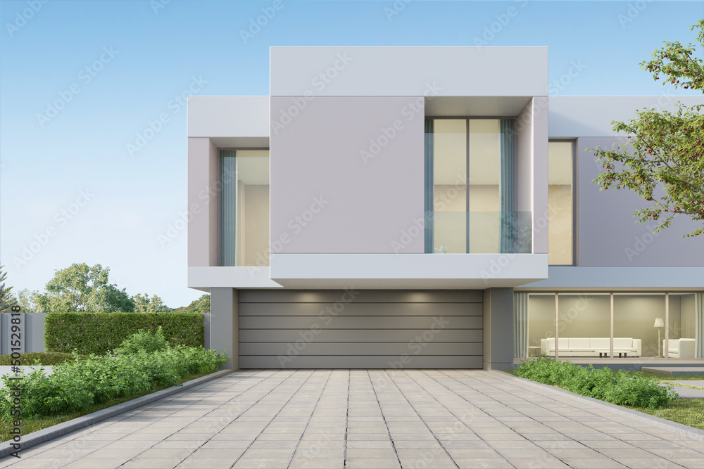 Poster 3d rendering of modern luxury house with garage door and concrete floor.