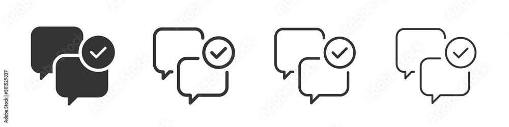 Poster check mark speech bubble icons collection in two different styles and different stroke. vector illus
