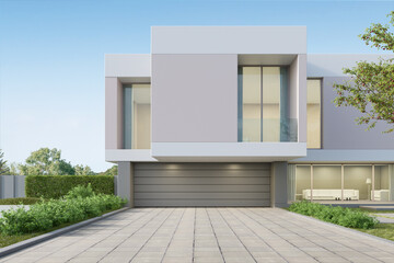 3d rendering of modern luxury house with garage door and concrete floor.
