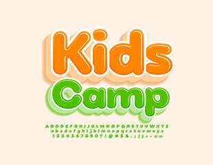 Vector colorful Banner Kids Camp. Green Cute 3D Font. Bright Creative Alphabet Letters, Numbers and Symbols set. 