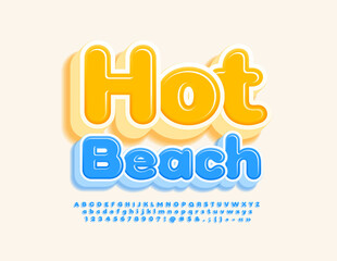 Vector travel Emblem Hot Beach. Blue 3D Font. Creative Alphabet Letters, Number and Symbols
