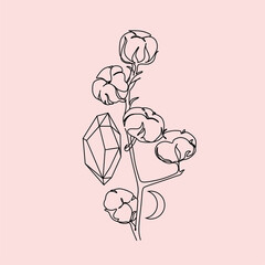 vector line drawing of  crystals with flowers. isolated on white background simple drawing of crystal, mineral. Botanical mineral cosmetics logo