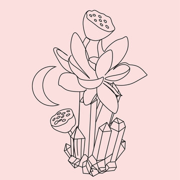 vector line drawing of  crystals with flowers. isolated on white background simple drawing of crystal, mineral. Botanical mineral cosmetics logo
