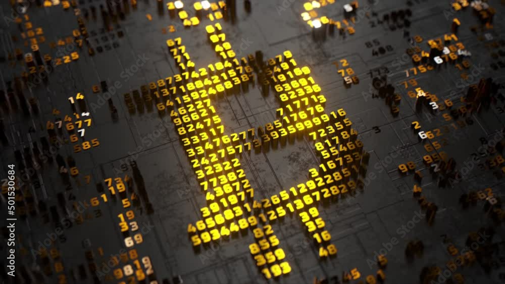 Poster bitcoin logo in the form of a microcircuit. cryptocurrency transactions. blockchain. black gold colo