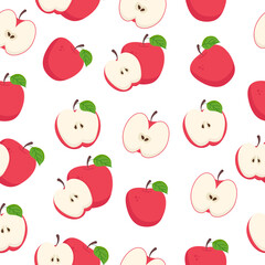 Seamless red apple fruit pattern whole and half