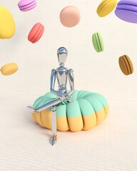 fly falling sweet color macaroon, a silver mannequin sitting on a doughnut, on light background, 3D rendering.