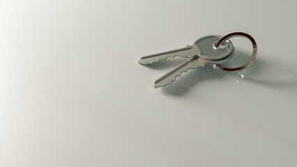 3D rendering: a bunch of door keys lies on a white table
