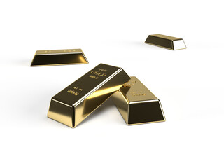 Four gold bars on a white background. 3D render