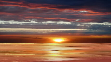 Obraz premium sunset dramatic clouds on sky pink orange yellow blue reflection on sea water natire landscape 