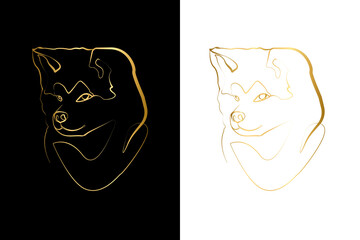 Akita Inu Art Poster Print Gift by WithOneLine, Cute Dog Print, One Gold Line Drawing, Black and White Background