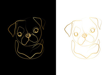 Pug Dog Art Poster Print Gift by WithOneLine, Cute Dog Print, One Gold Line Drawing Black and White Background