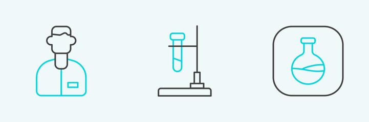 Set line Test tube and flask, Laboratory assistant and on fire icon. Vector