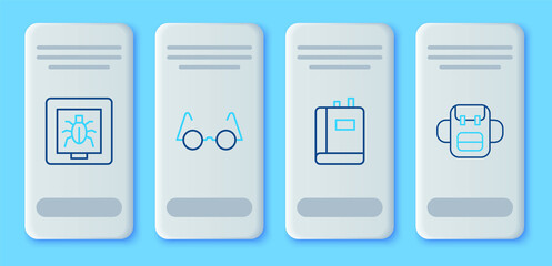 Set line Eyeglasses, Book, Insects in frame and School backpack icon. Vector