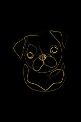 Pug Dog Art Poster Print Gift by WithOneLine, Cute Dog Print, One Gold Line Drawing Black Background