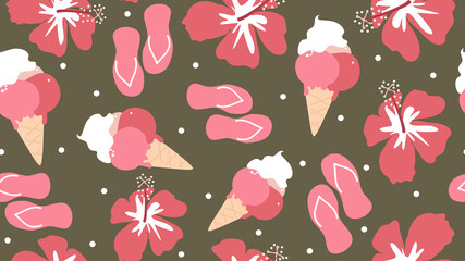 cute colorful abstract summertime seamless vector pattern background funny illustration with hibiscus flowers, ice creams and flip flops © Alice Vacca