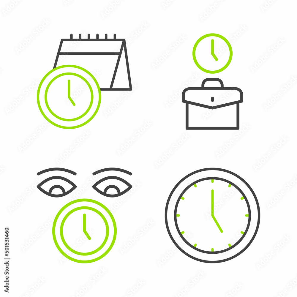 Poster set line clock, work time and calendar and clock icon. vector