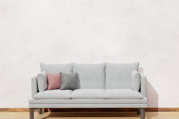 Illustration of living room interior with comfortable sofa and blank wall, mock up, presentation or picture background, 3D background rendering