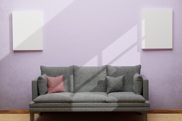 Illustration of living room interior exposed to sunlight with comfortable sofa and canvas, mock up, presentation or picture background, 3D background rendering