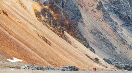 Antarctica Mars like rock cliff and mountain with walking explorers