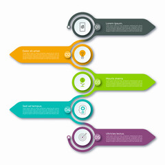 Minimal arrow infographic template with 5 step arrows and circles with place for text and icons. Can be used for diagram, graph, chart, report, web design. Vector illustration