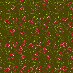 Viburnum red or currant in a seamless pattern on an olive background