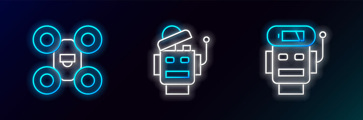 Set line Robot low battery charge, Drone and icon. Glowing neon. Vector