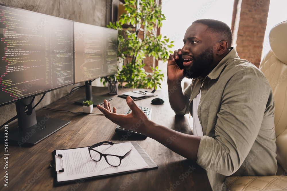 Poster profile side view portrait of attractive worried guy top manager calling client analyzing project da