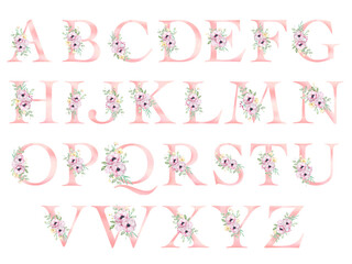 Floral alphabet, letters set with watercolor flowers
