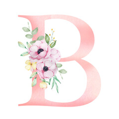 Floral watercolor alphabet, letter B with anemones