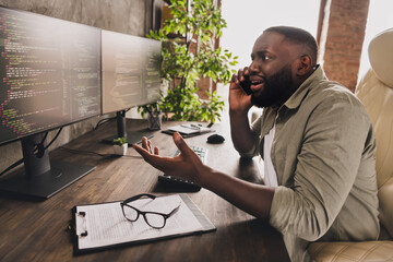 Profile side view portrait of attractive worried guy top manager calling client analyzing project...