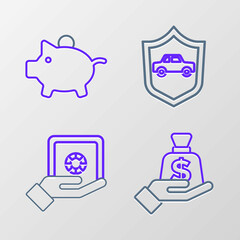 Set line Money in hand, Safe, Car with shield and Piggy bank icon. Vector