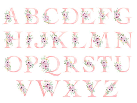 Floral alphabet, letters set with watercolor flowers