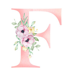 Floral watercolor alphabet, letter F with anemones