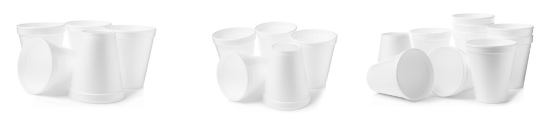Set with styrofoam cups on white background. Banner design