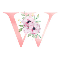 Floral watercolor alphabet, letter W with anemones
