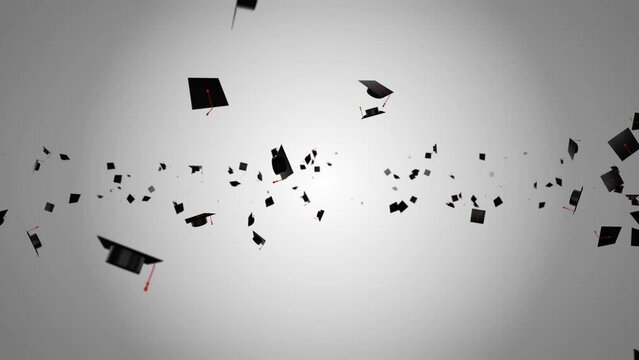 Graduation 3D flying hats towards the sky. Virtual stay home concept Background. High school, college, university, academic success celebration. Graduation. Throwing up caps, diplomas animaton.
