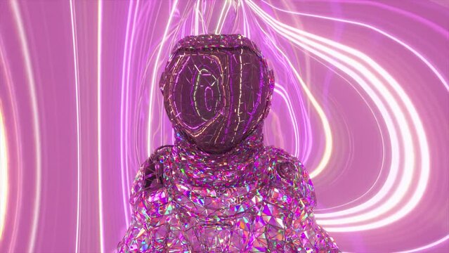 An astronaut in a diamond suit walks against the backdrop of pink and yellow glowing neon lines. 3d animation 