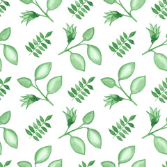 Watercolor seamless pattern. Green branches and flowers. On a white background