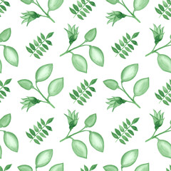 Watercolor seamless pattern. Green branches and flowers. On a white background