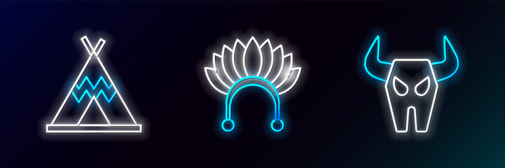 Set line Buffalo skull, Indian teepee or wigwam and headdress with feathers icon. Glowing neon. Vector © Oksana
