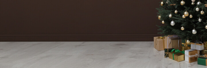 Beautifully decorated Christmas tree and gift boxes indoors, space for text. Banner design