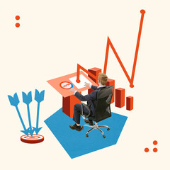 Contemporary art collage. Professional financial analyst working on new profitable strategy to grow...