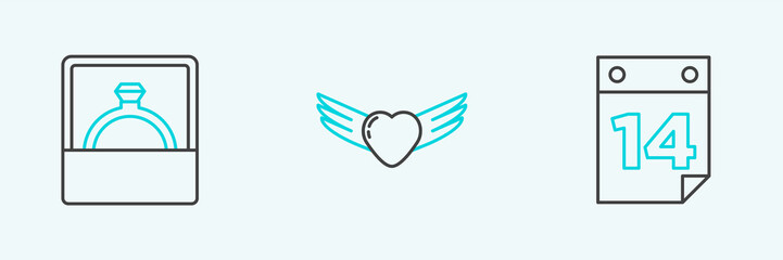 Set line Calendar with February 14, Diamond engagement ring and Heart wings icon. Vector
