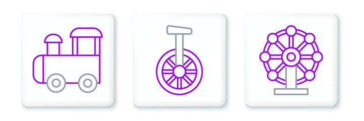 Set line Ferris wheel, Toy train and Unicycle or one bicycle icon. Vector © Oksana