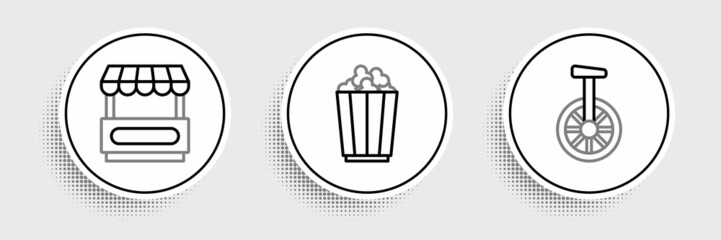 Set line Unicycle or one wheel bicycle, Fast street food cart and Popcorn in box icon. Vector © Oksana