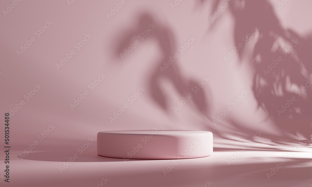 Poster minimalism style podium in pink pastel color with tree or plant shadow lighting background. abstract