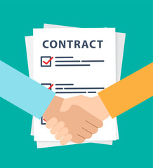 People shaking hands after signing contract. Vector illustration