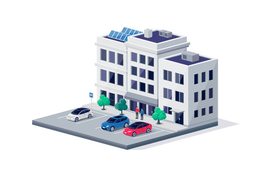 Modern cars parked on town city street centre road near office residential buildings. Persons standing talking near vehicles on sidewalk. Isolated vector illustration on white background.