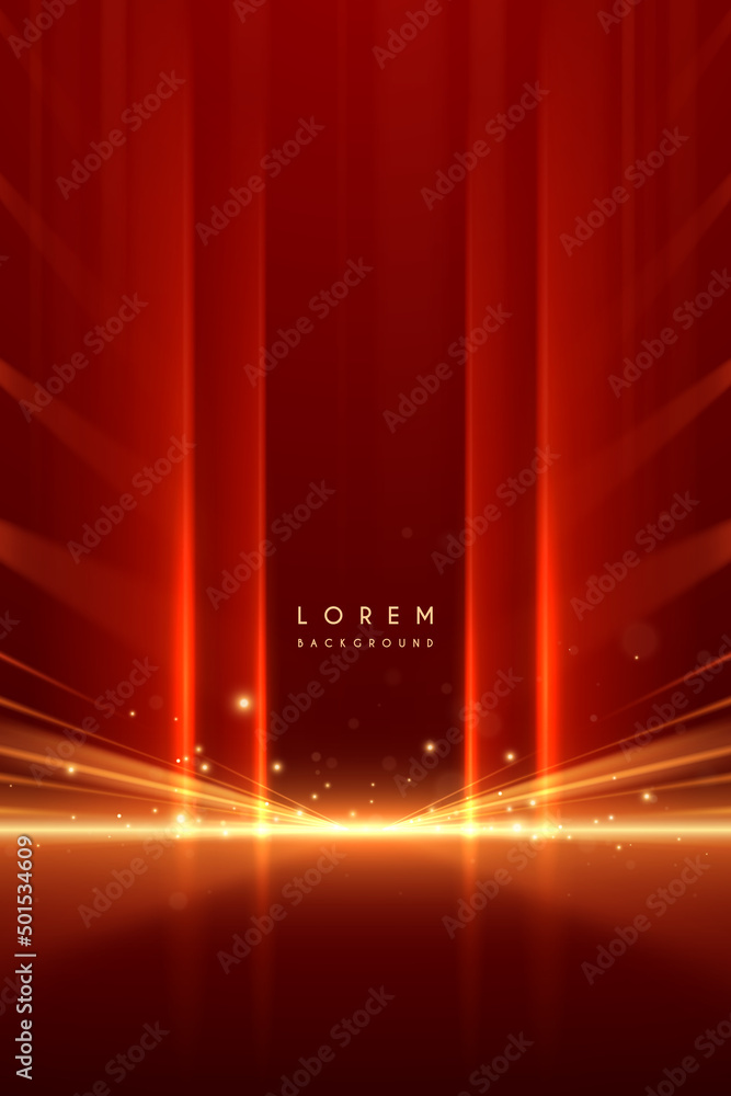 Poster abstract red background with golden light rays effect