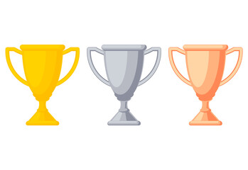 Gold, silver and bronze trophy winners cup. Trophy cup or goblet. Vector illustration.